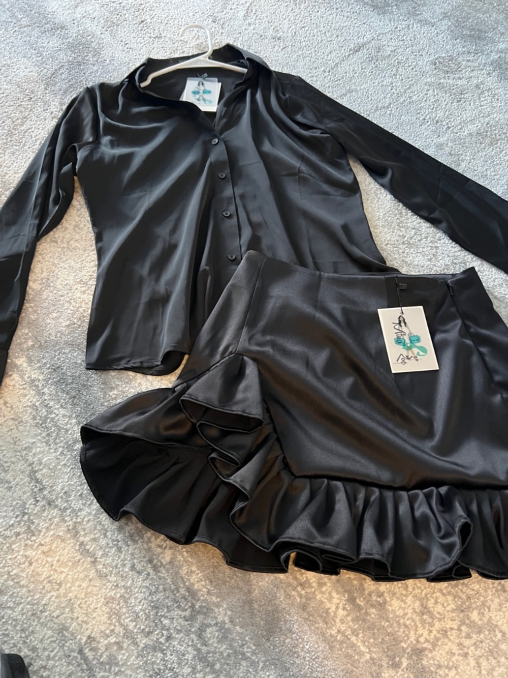 Black Satin Button-Up Blouse and Ruffle Mini Skirt Set